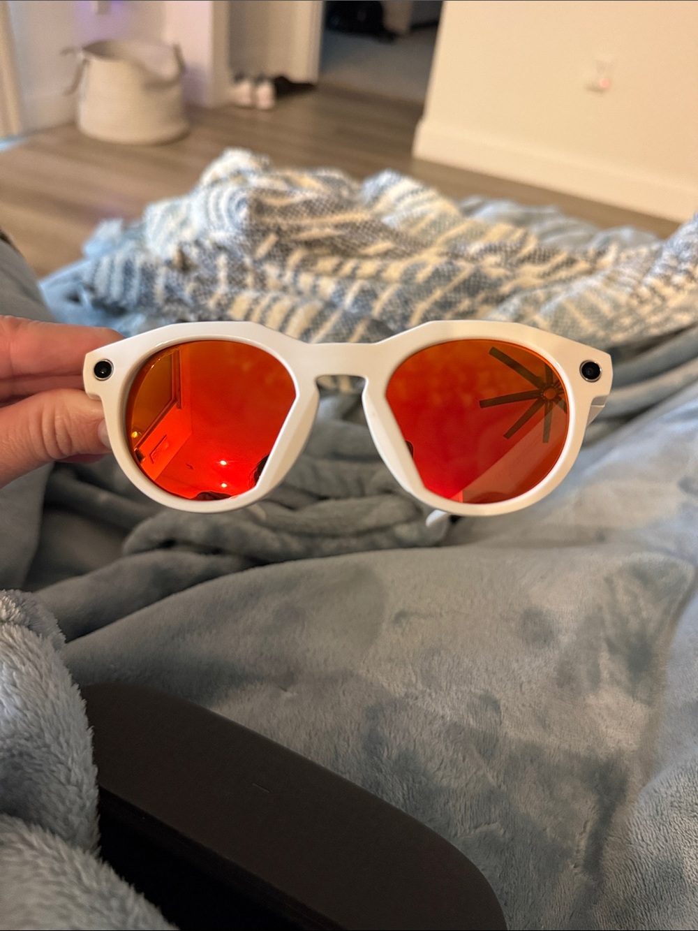 Oakley White Frame Sunglasses with Red Mirrored Lenses